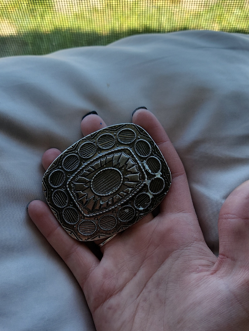 Engraved Oval Silver-Tone Decorative Belt Buckle